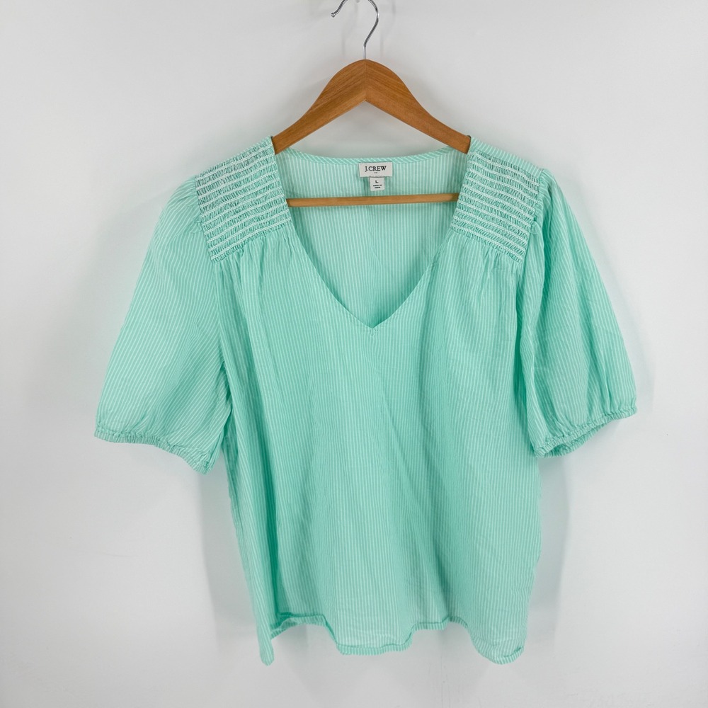 J. Crew Factory Mint Green Gingham Smocked Smocked Puff Sleeve Top Size Large